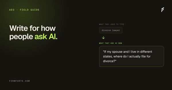 FirmForte field-guide hero card for the article: Writing content for how people actually ask AI legal questions