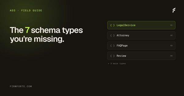 FirmForte field-guide hero card for the article: Schema markup for law firms: the 7 types every legal website needs in 2026