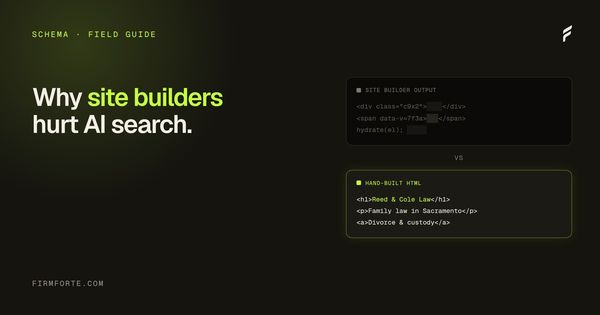 FirmForte field-guide hero card for the article: Why website builders get law firms killed in AI search (and it's not about design)